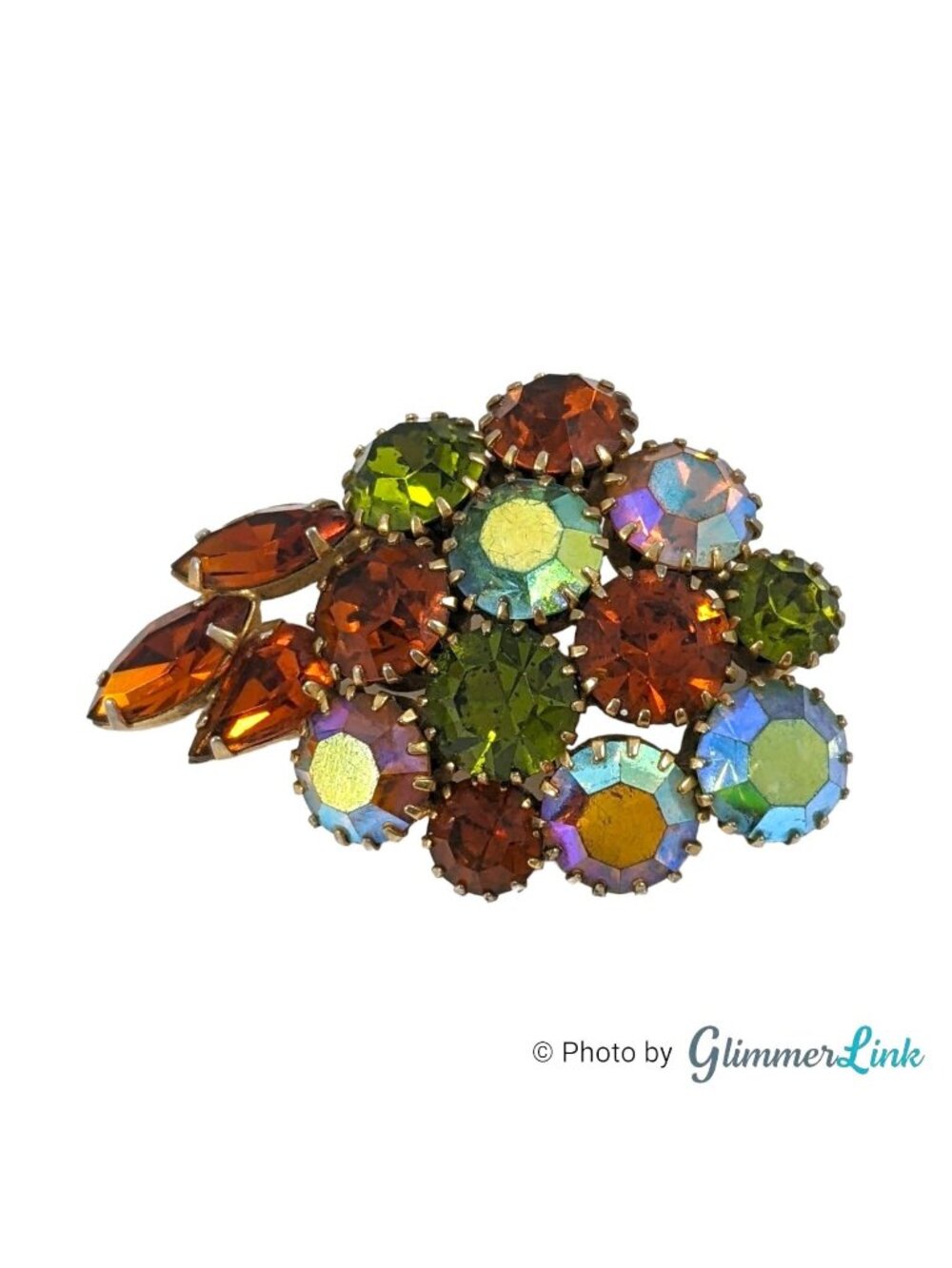 Vintage Green Orange Aurora Borealis Rhinestone Leaf Brooch Gold Tone